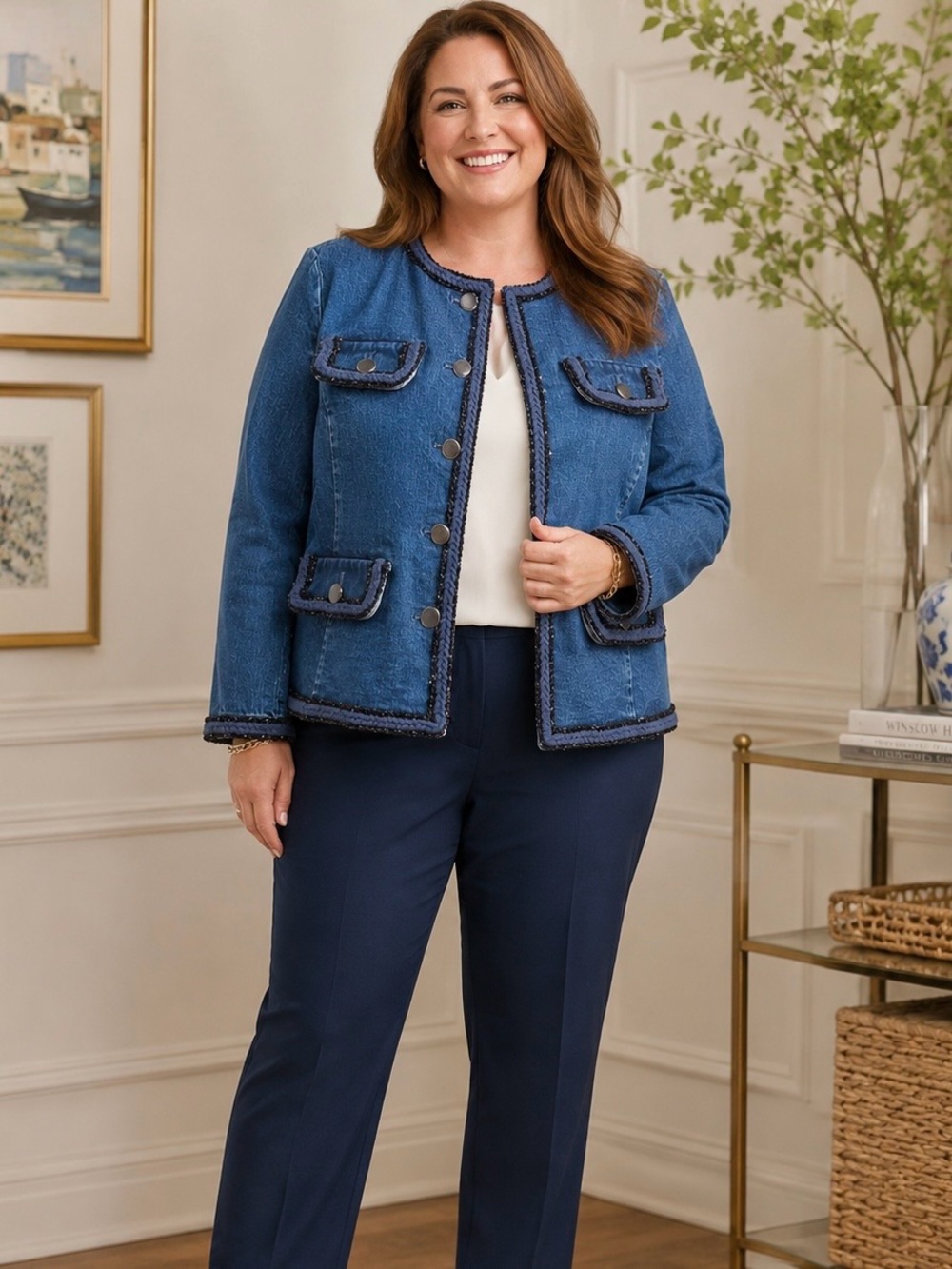 Talbots ‘Braided Metallic Trim Blue Jean Jacket’ Size XL Petite